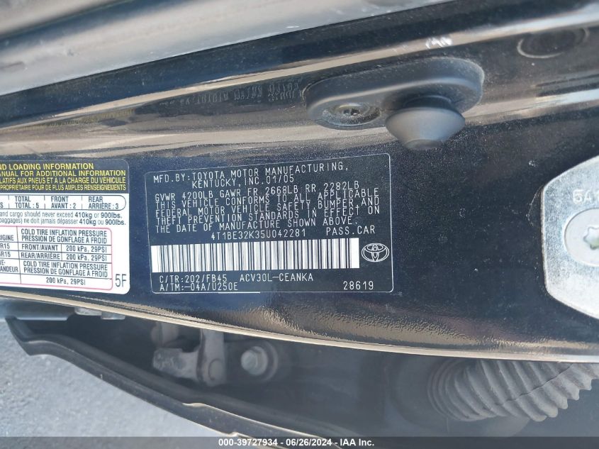 2005 Toyota Camry Le VIN: 4T1BE32K35U042281 Lot: 39727934