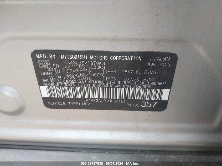 VIN JA4AP3AU9KU033121 2019 MITSUBISHI OUTLANDER SPORT 2.0 ES