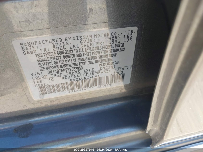 2015 Nissan Sentra Sr VIN: 3N1AB7AP9FY358959 Lot: 39727946