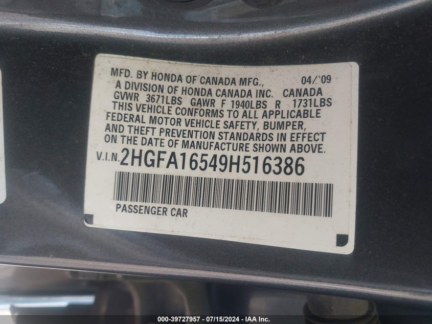 2009 Honda Civic Lx VIN: 2HGFA16549H516386 Lot: 39727957