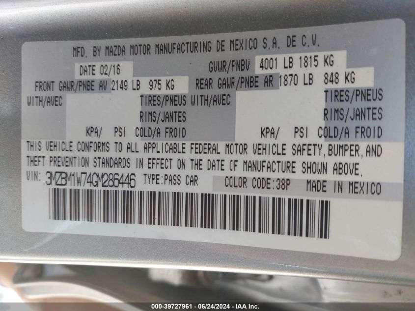 2016 Mazda Mazda3 I Touring VIN: 3MZBM1W74GM286446 Lot: 39727961