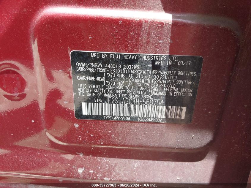 2017 Subaru Forester 2.5I Premium VIN: JF2SJAGC3HH568754 Lot: 39727963