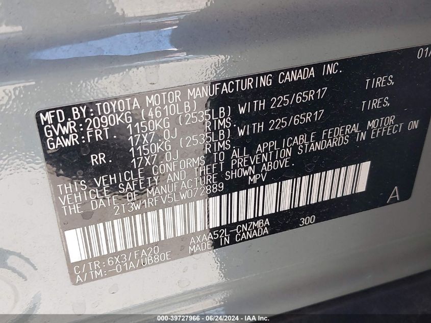 2020 Toyota Rav4 Xle VIN: 2T3W1RFV5LW072889 Lot: 39727966