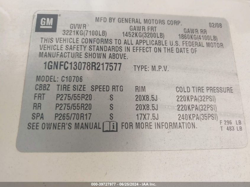2008 Chevrolet Tahoe Ltz VIN: 1GNFC13078R217577 Lot: 39727977