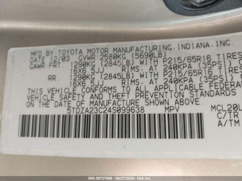 2004 Toyota Sienna Le VIN: 5TDZA23C24S099638 Lot: 39727980