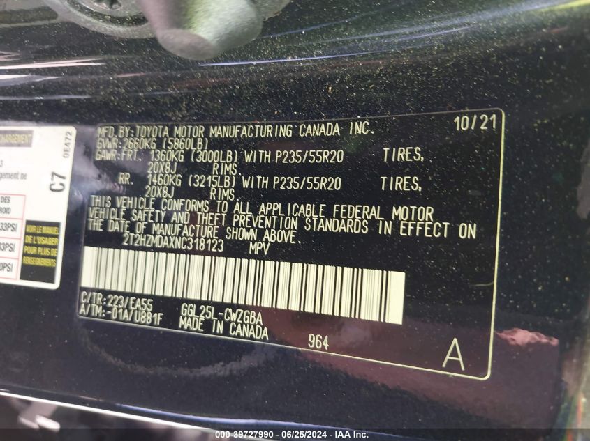 2022 Lexus Rx 350 VIN: 2T2HZMDAXNC318123 Lot: 39727990