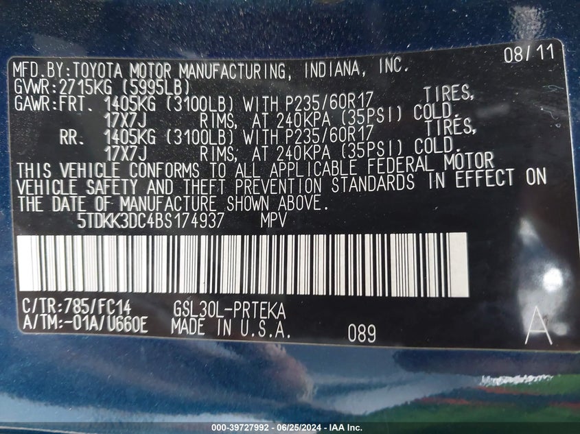 2011 Toyota Sienna Le V6 VIN: 5TDKK3DC4BS174937 Lot: 39727992