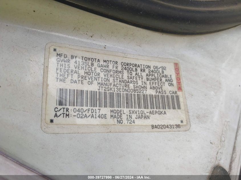 1992 Toyota Camry Xle VIN: JT2SK13E0N0085227 Lot: 39727998