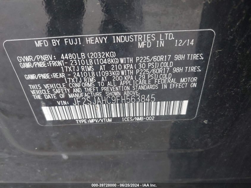 2015 Subaru Forester 2.5I Limited VIN: JF2SJAHC9FH563845 Lot: 39728000
