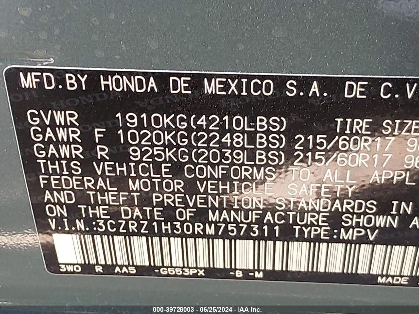 2024 Honda Hr-V 2Wd Lx VIN: 3CZRZ1H30RM757311 Lot: 39728003