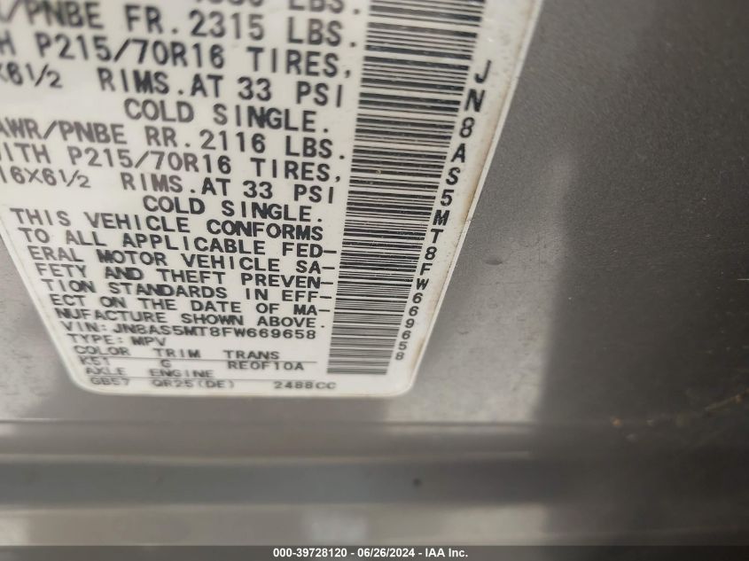 2015 Nissan Rogue Select S VIN: JN8AS5MT8FW669658 Lot: 39728120