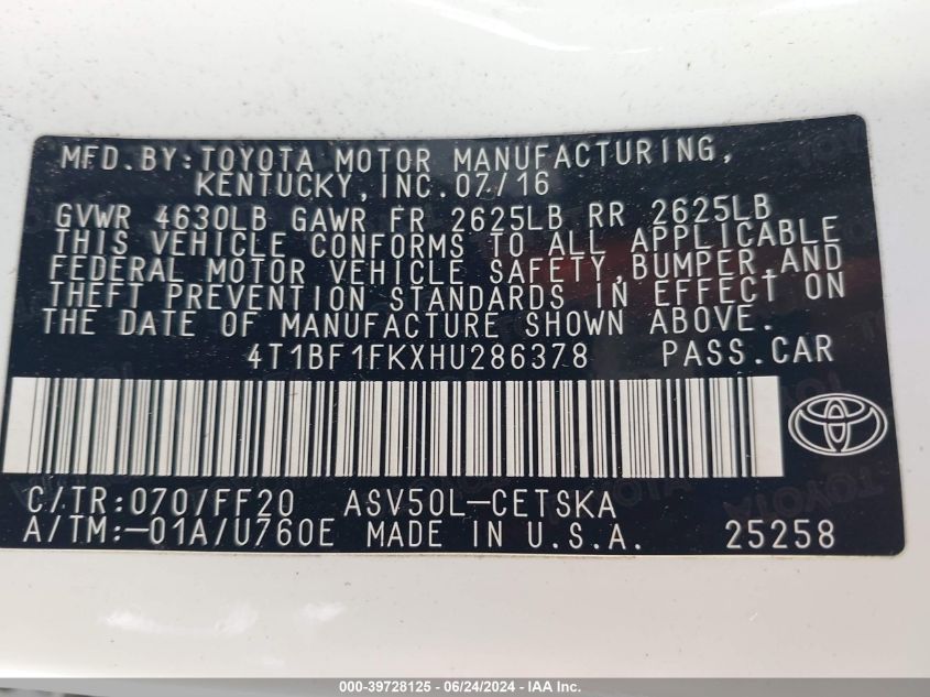 4T1BF1FKXHU286378 2017 Toyota Camry Se