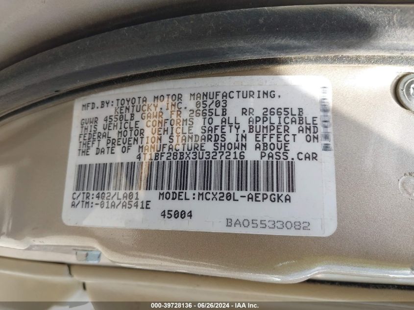 2003 Toyota Avalon Xls VIN: 4T1BF28BX3U327216 Lot: 39728136