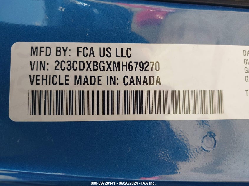 2021 Dodge Charger Sxt Rwd VIN: 2C3CDXBGXMH679270 Lot: 39728141