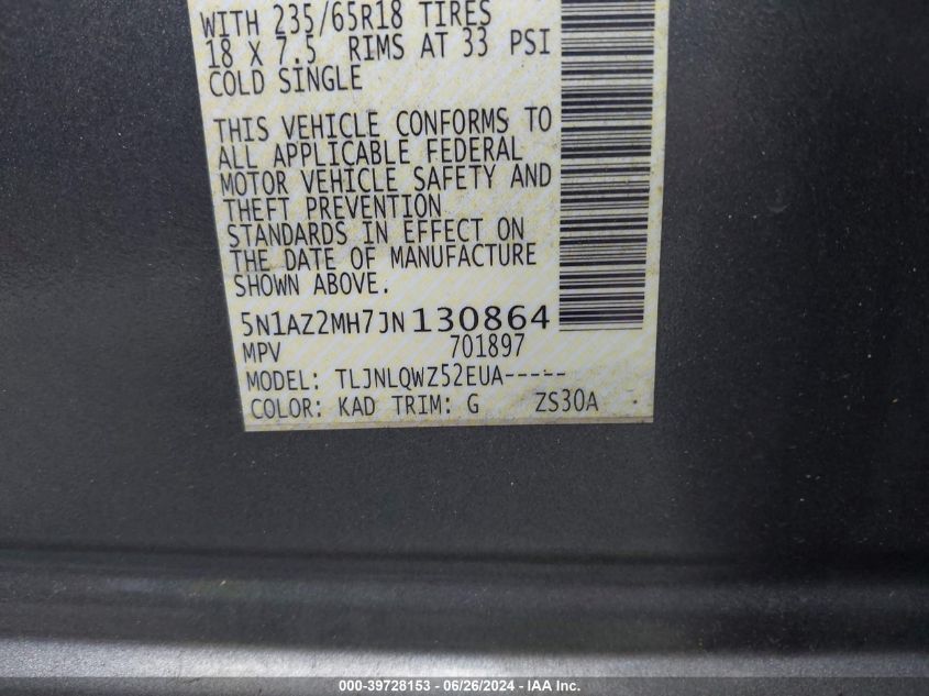 2018 Nissan Murano Sv VIN: 5N1AZ2MH7JN130864 Lot: 39728153