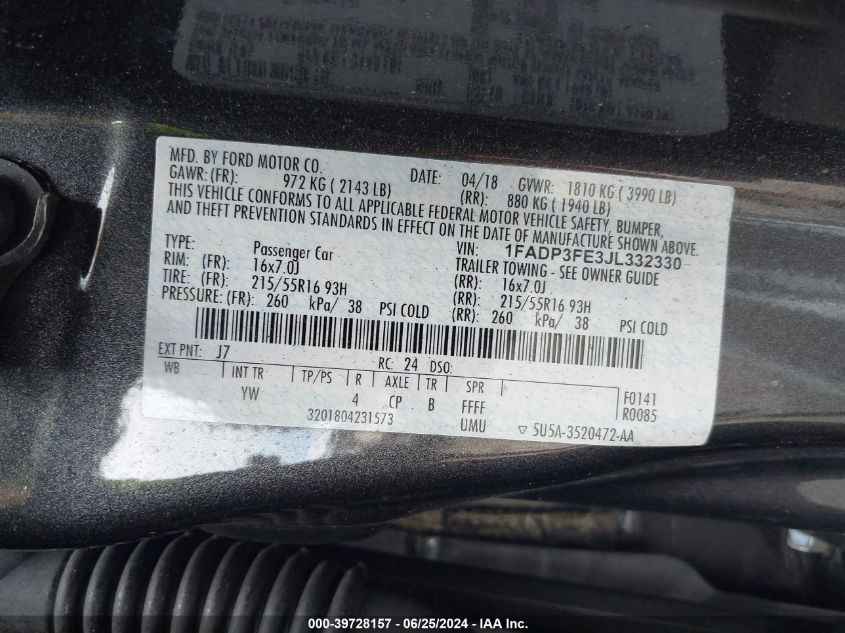 2018 Ford Focus Se VIN: 1FADP3FE3JL332330 Lot: 39728157