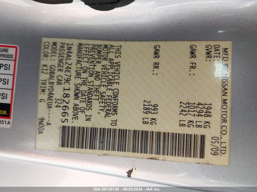 2009 Nissan Altima 2.5 S VIN: 1N4AL24E79C182665 Lot: 39728158