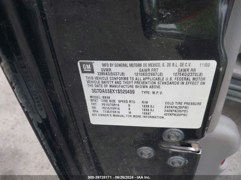 2001 Pontiac Aztek Gt VIN: 3G7DA03EX1S529499 Lot: 39728171