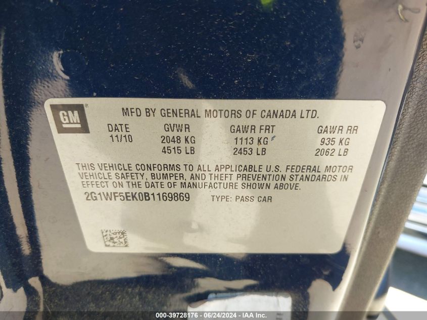 2011 Chevrolet Impala Ls VIN: 2G1WF5EK0B1169869 Lot: 39728176