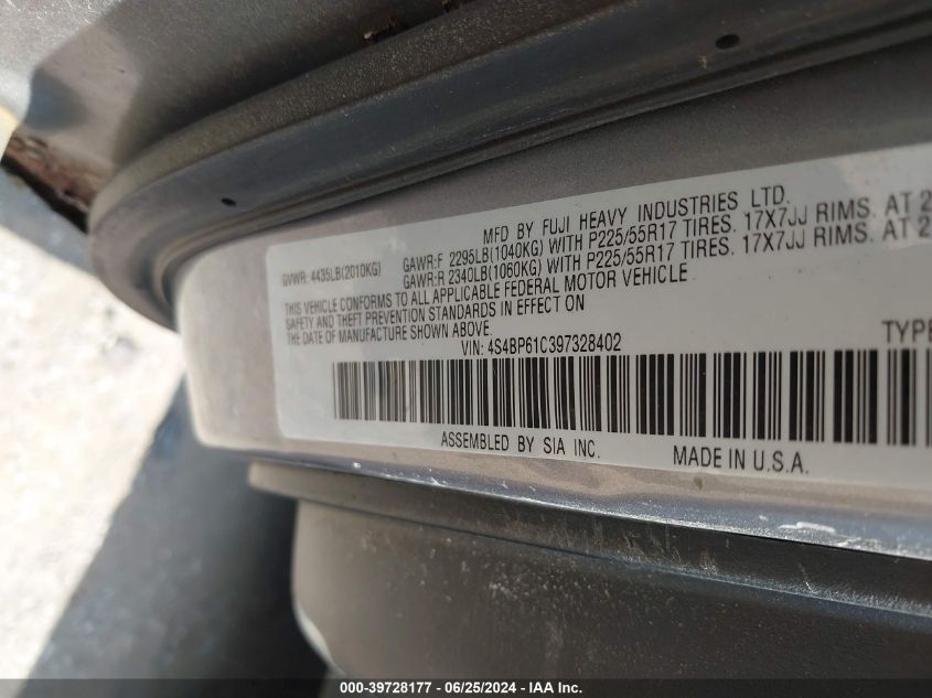 2009 Subaru Outback 2.5I VIN: 4S4BP61C397328402 Lot: 39728177