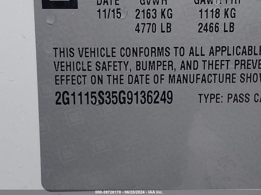 2016 Chevrolet Impala 2Lt VIN: 2G1115S35G9136249 Lot: 39728178