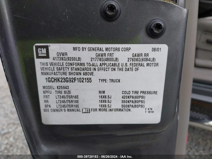 2002 Chevrolet Silverado 2500Hd Lt VIN: 1GCHK23G92F102155 Lot: 39728183