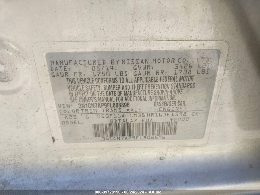 2015 Nissan Versa 1.6 S+ VIN: 3N1CN7AP9FL808896 Lot: 39728190