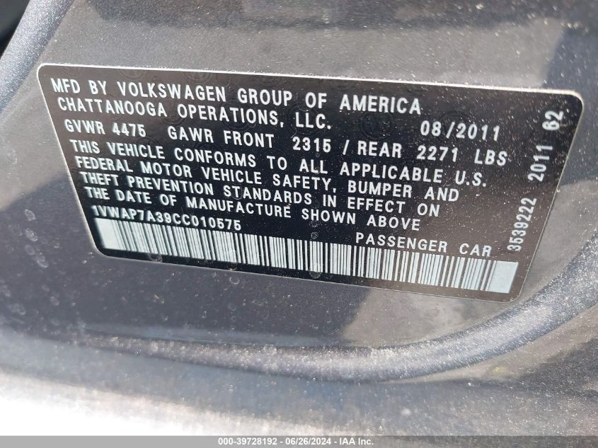 2012 Volkswagen Passat S VIN: 1VWAP7A39CC010575 Lot: 39728192