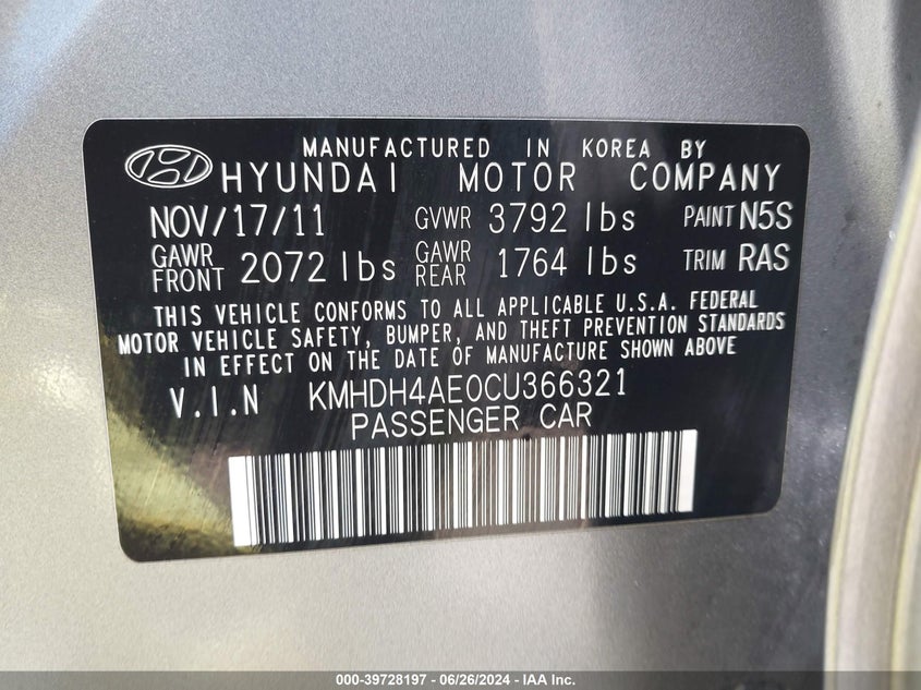2012 Hyundai Elantra Gls (Ulsan Plant) VIN: KMHDH4AE0CU366321 Lot: 39728197