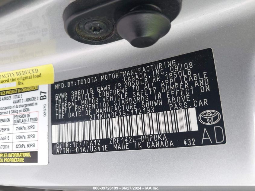 2009 Toyota Matrix VIN: 2T1KU40EX9C112193 Lot: 39728199