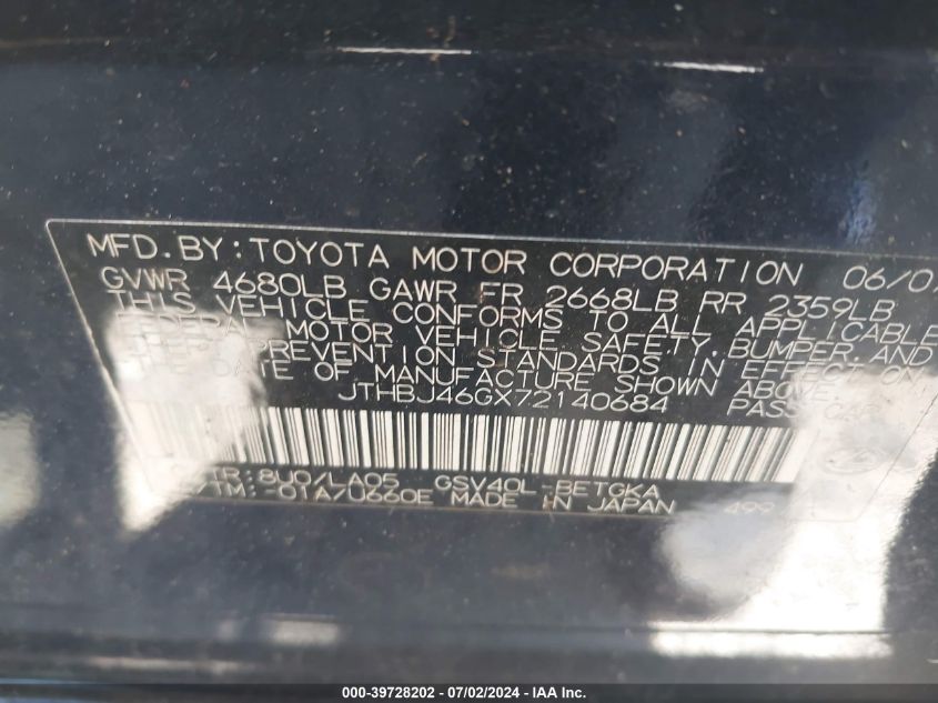 2007 Lexus Es 350 VIN: JTHBJ46GX72140684 Lot: 39728202