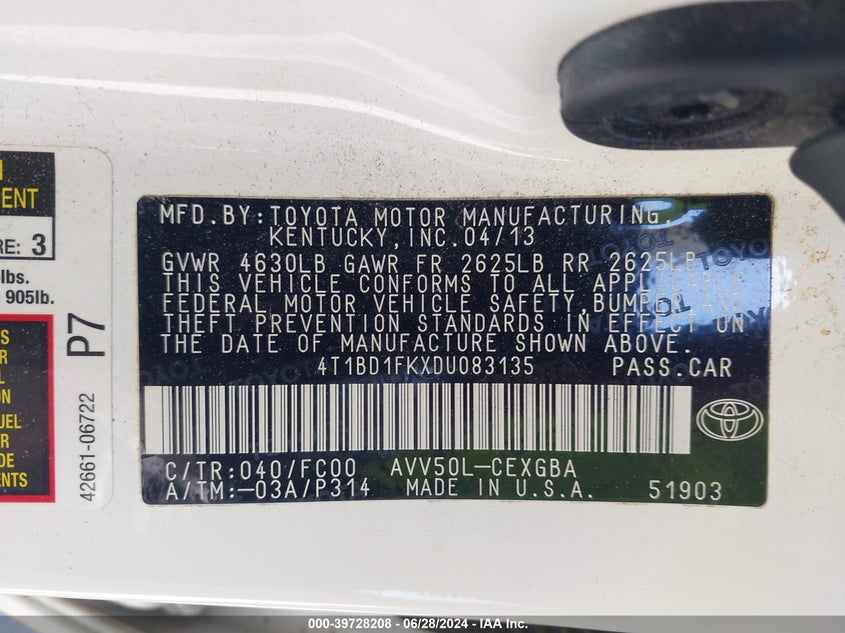 2013 Toyota Camry Hybrid Xle VIN: 4T1BD1FKXDU083135 Lot: 39728208
