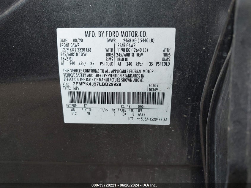 2020 FORD EDGE SEL - 2FMPK4J97LBB29929