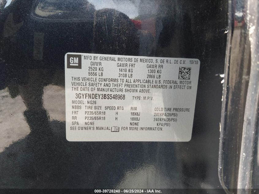 2011 Cadillac Srx Luxury Collection VIN: 3GYFNDEY3BS548968 Lot: 39728240