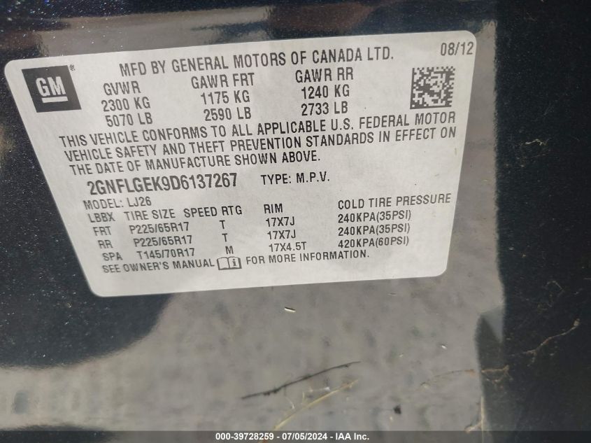 2013 Chevrolet Equinox Ltz VIN: 2GNFLGEK9D6137267 Lot: 39728259