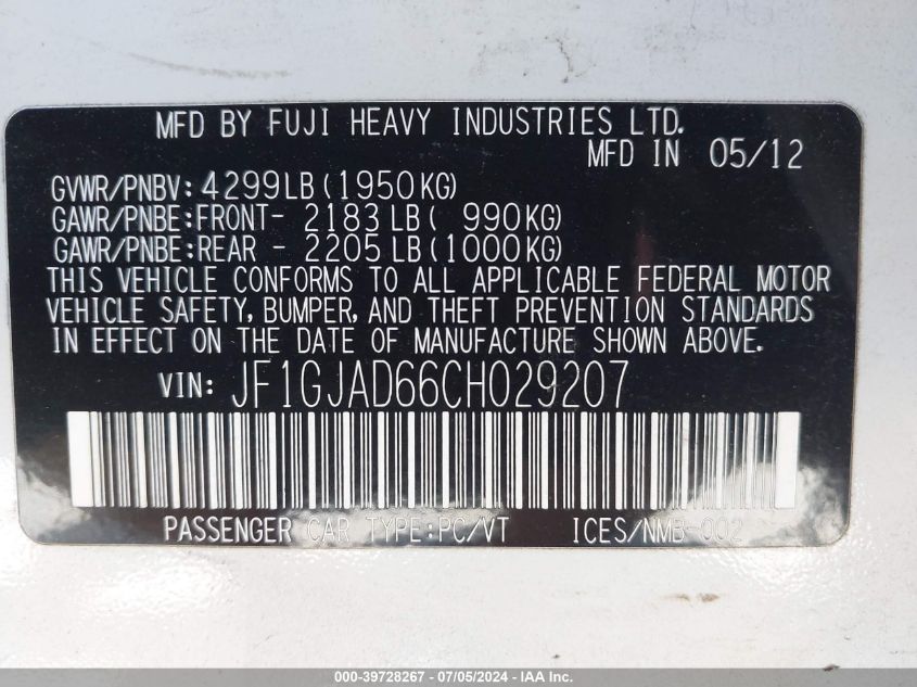 2012 Subaru Impreza 2.0I Premium VIN: JF1GJAD66CH029207 Lot: 39728267