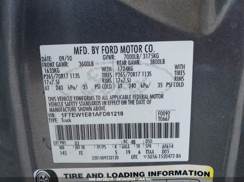2010 Ford F-150 Xl/Xlt VIN: 1FTEW1E81AFD81218 Lot: 39728270