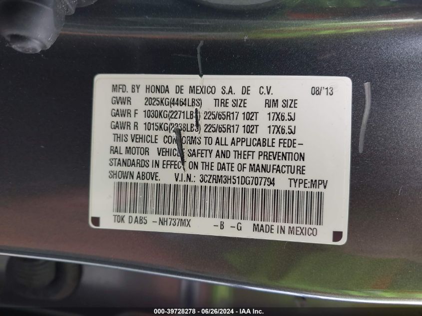 2013 Honda Cr-V Ex VIN: 3CZRM3H51DG707794 Lot: 39728278