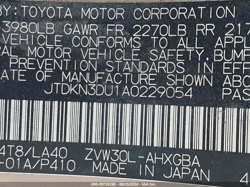 2010 Toyota Prius Iv VIN: JTDKN3DU1A0229054 Lot: 39728280