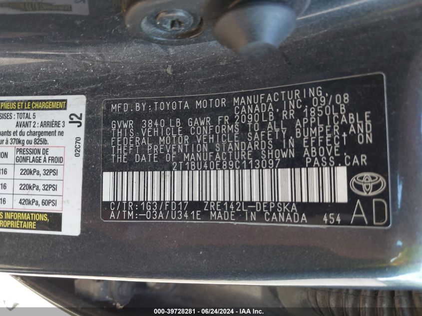 2009 Toyota Corolla S VIN: 2T1BU40E89C113097 Lot: 39728281