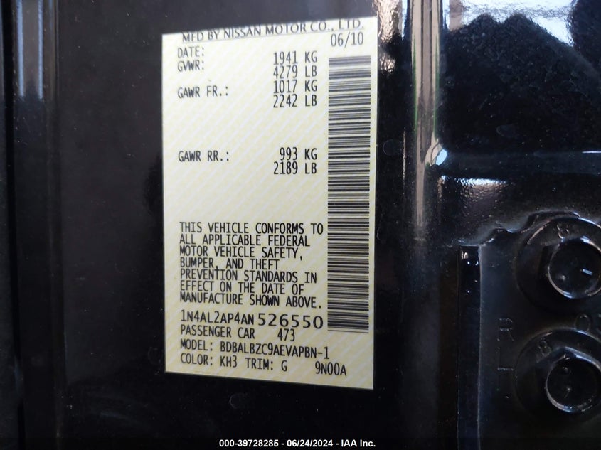 2010 Nissan Altima 2.5 S VIN: 1N4AL2AP4AN526550 Lot: 39728285