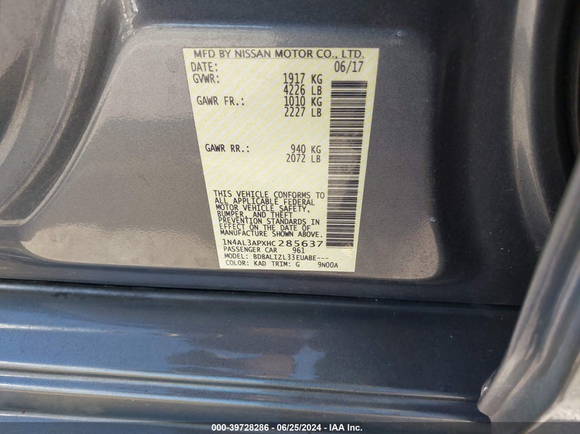VIN 1N4AL3APXHC285637 2017 NISSAN ALTIMA 2.5 SV