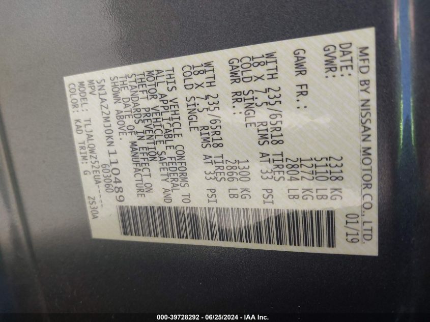 2019 Nissan Murano Sv VIN: 5N1AZ2MJ0KN110489 Lot: 39728292