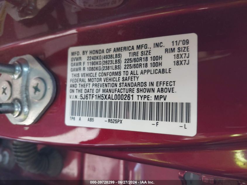 2010 Honda Accord Crosstour Ex-L VIN: 5J6TF1H5XAL000261 Lot: 39728299