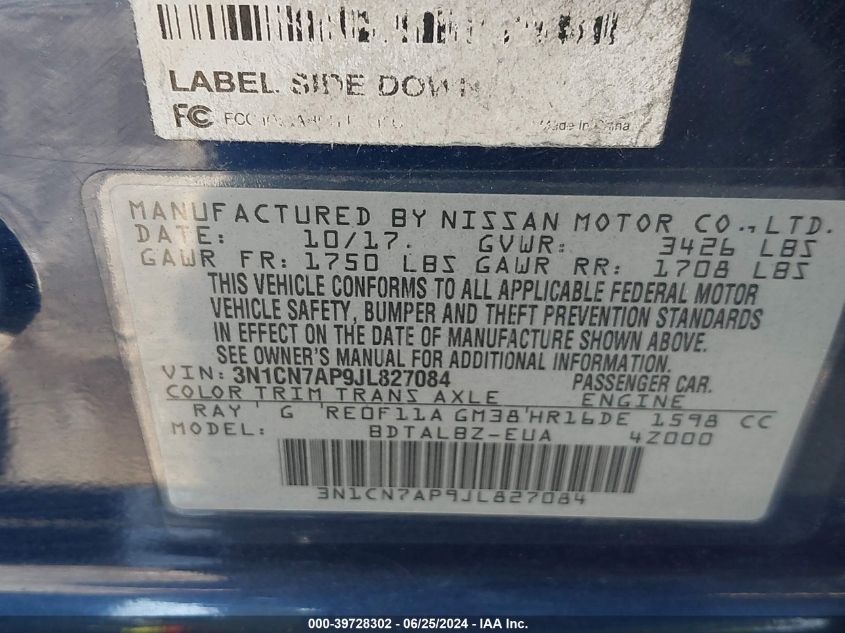 2018 Nissan Versa 1.6 Sv VIN: 3N1CN7AP9JL827084 Lot: 39728302