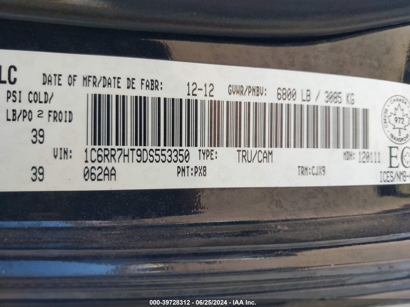 2013 Ram 1500 Sport VIN: 1C6RR7HT9DS553350 Lot: 39728312