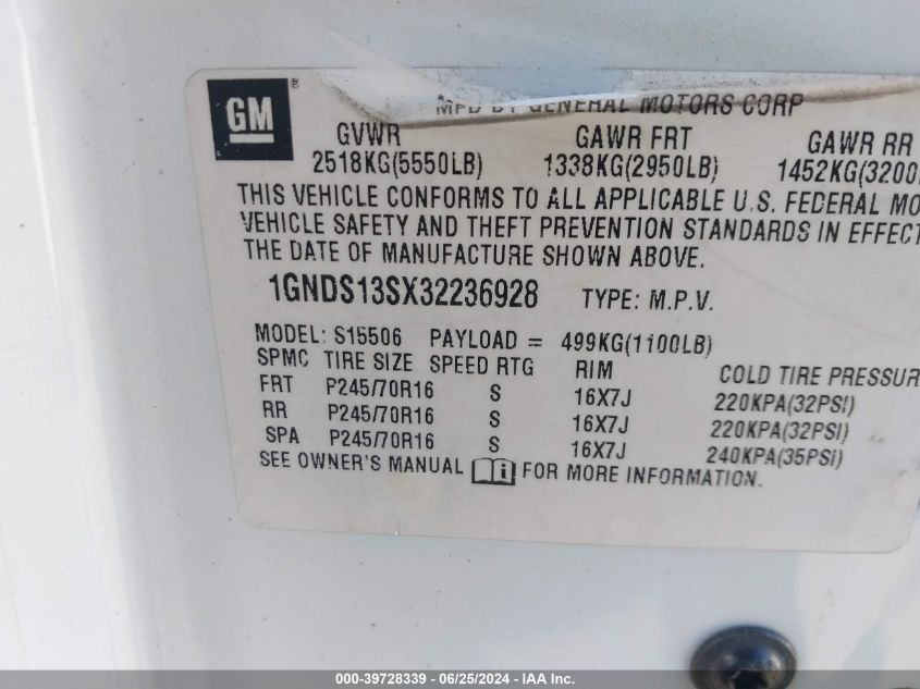 2003 Chevrolet Trailblazer Lt VIN: 1GNDS13SX32236928 Lot: 39728339