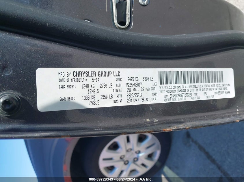 2014 Dodge Journey American Value Pkg VIN: 3C4PDCAB8ET278224 Lot: 39728349