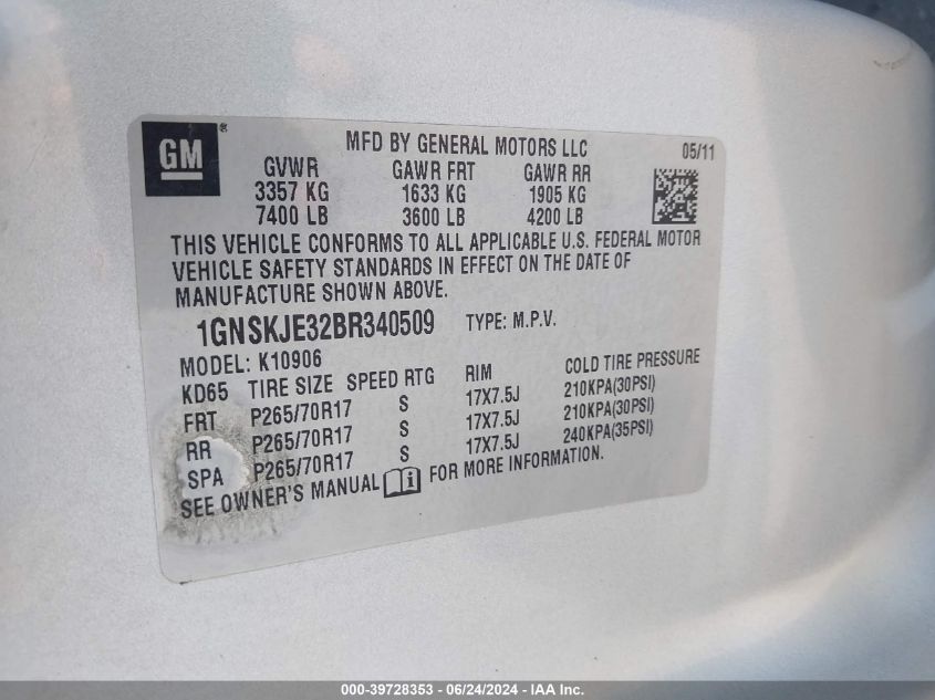 2011 Chevrolet Suburban 1500 Lt1 VIN: 1GNSKJE32BR340509 Lot: 39728353