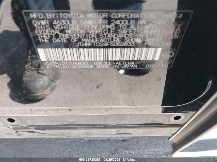 2015 Lexus Is 250 VIN: JTHBF1D24F5052833 Lot: 39728367